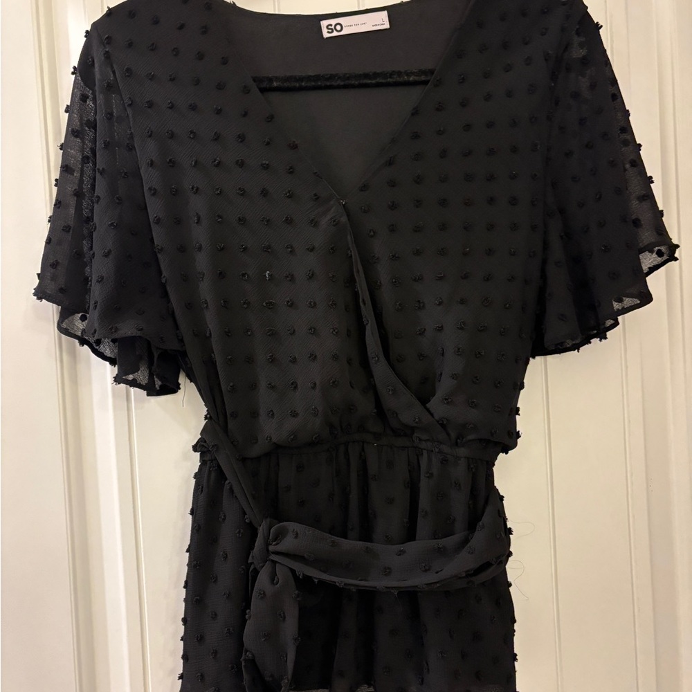 SO Black Sheer Polka Dot Wrap Blouse Large